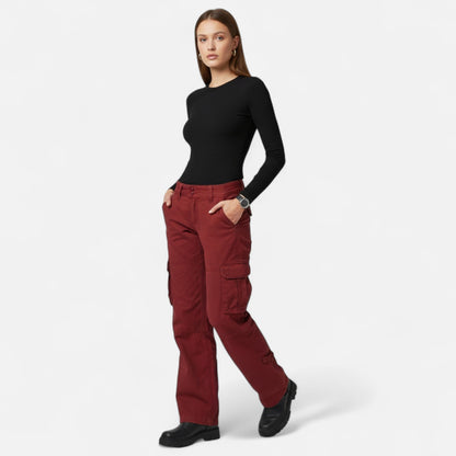Ladies Casual Cargo Trousers with Wide Legs and Flap Pockets
