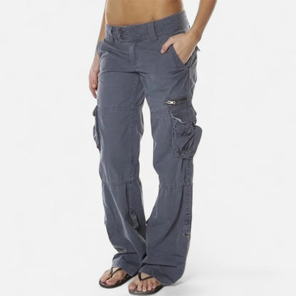 Ladies Casual Cargo Trousers with Wide Legs and Flap Pockets