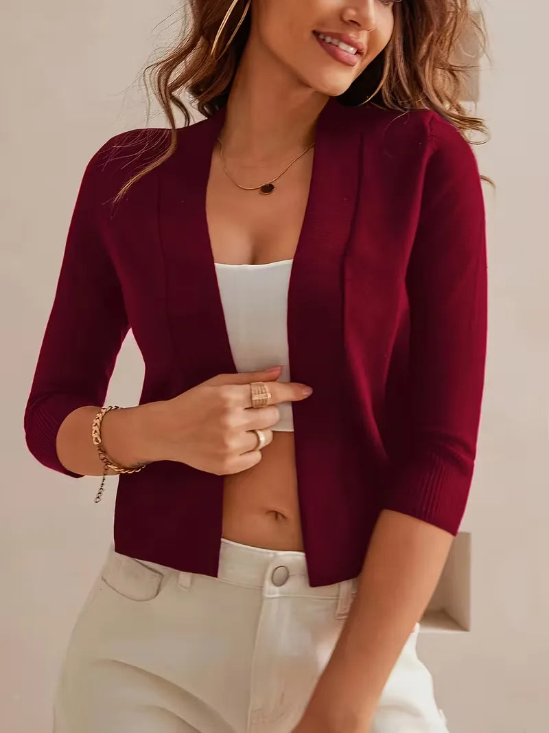 Cardigan violet ouvert devant, manches 3/4