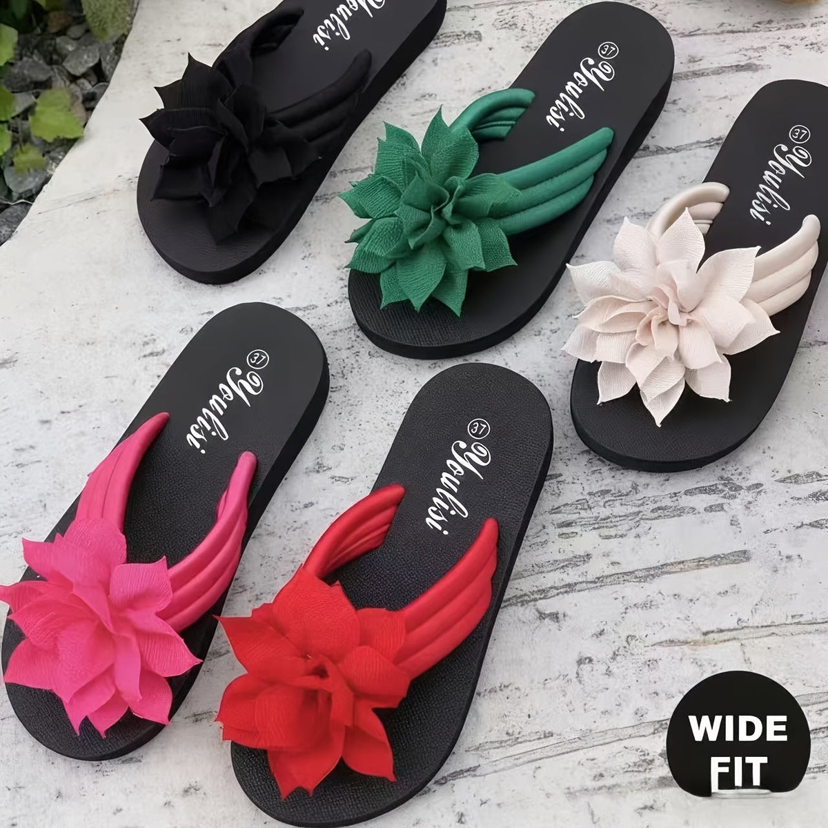 Ladies' Flip Flops with Platform Sole and Floral Detail Wide Fit