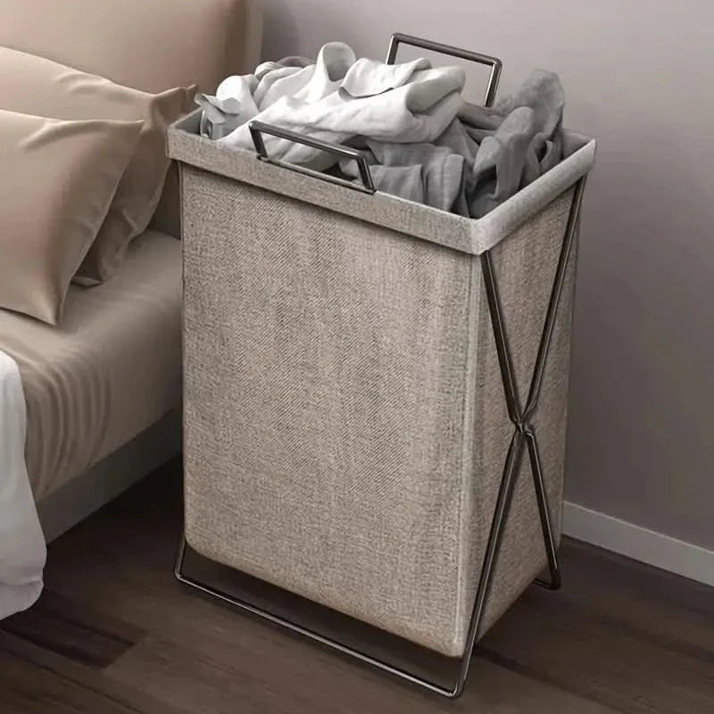 Foldable Laundry Basket with Metal Frame and Woven Fabric Storage Bag