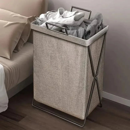 Foldable Laundry Basket with Metal Frame and Woven Fabric Storage Bag