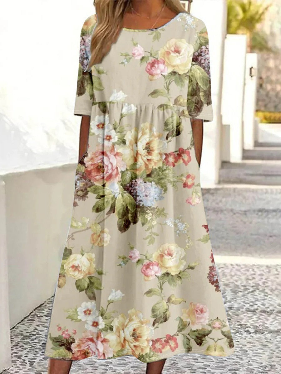 Midi Dress with Round Neck and Short Sleeves in Khaki Floral Print