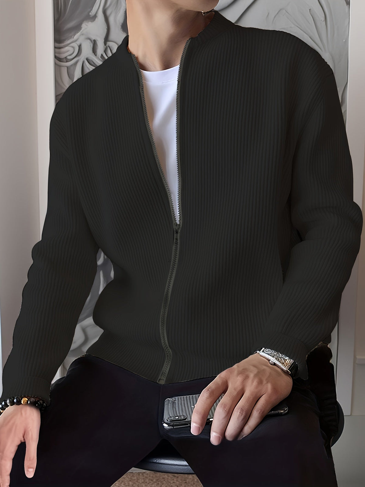 Cardigan da uomo a coste con zip – Vestibilità comoda per autunno e inverno