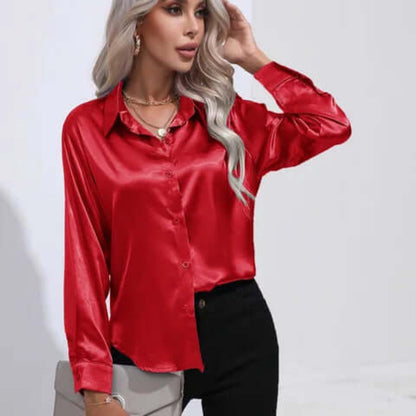 Ladies' Satin Blouse with Long Sleeves and Loose Fit