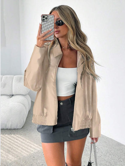Ladies Trendy Oversized Faux Leather Jacket with Wide Collar