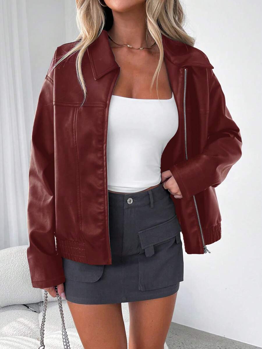 Ladies Trendy Oversized Faux Leather Jacket with Wide Collar
