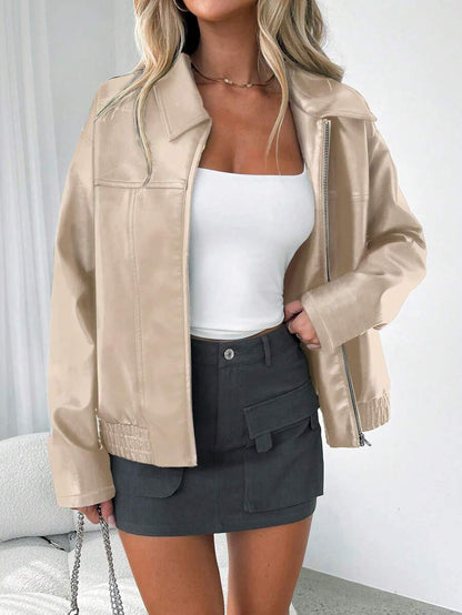 Ladies Trendy Oversized Faux Leather Jacket with Wide Collar