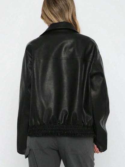 Ladies Trendy Oversized Faux Leather Jacket with Wide Collar