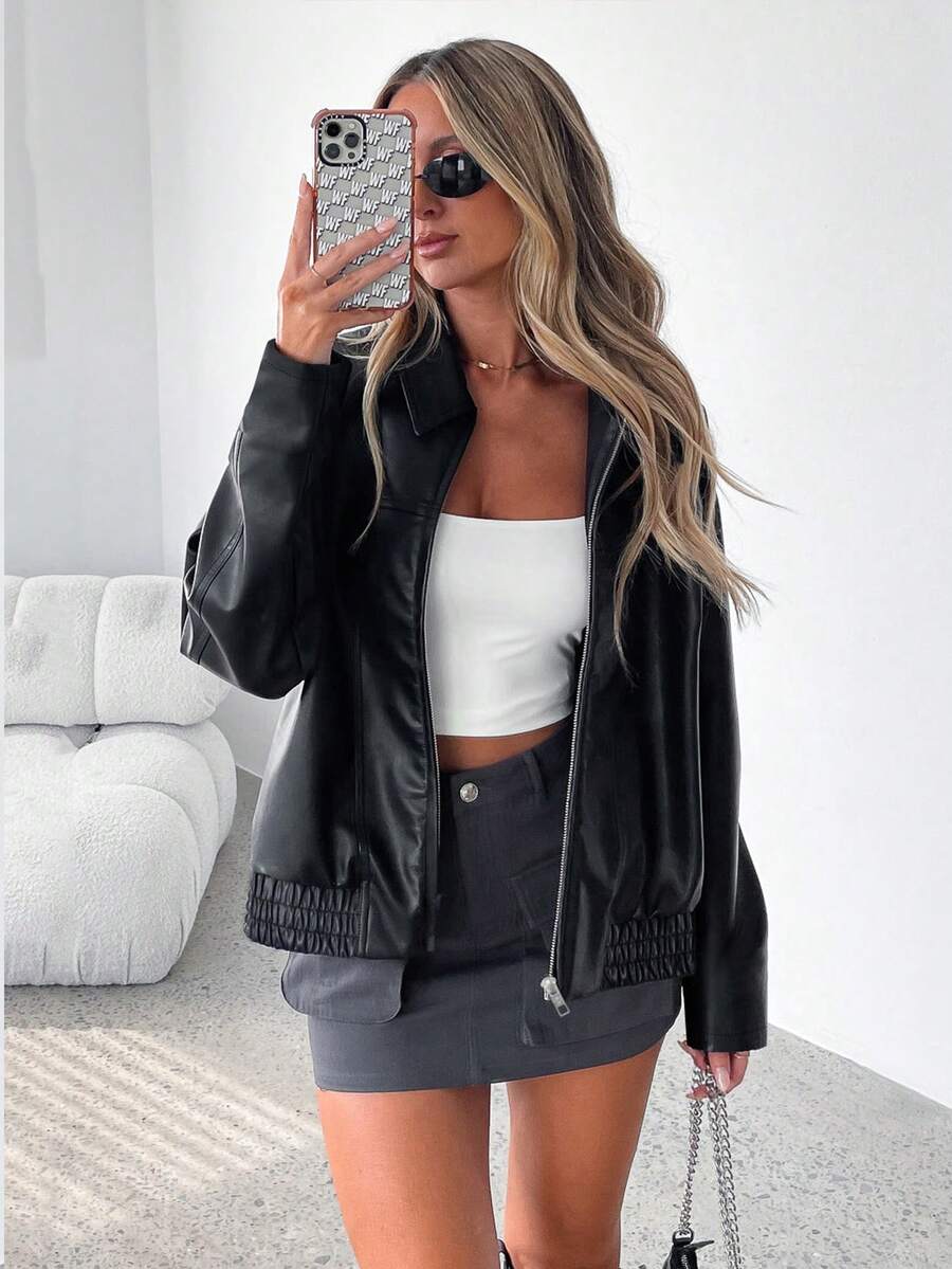 Ladies Trendy Oversized Faux Leather Jacket with Wide Collar