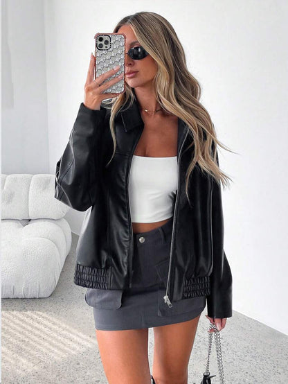 Ladies Trendy Oversized Faux Leather Jacket with Wide Collar