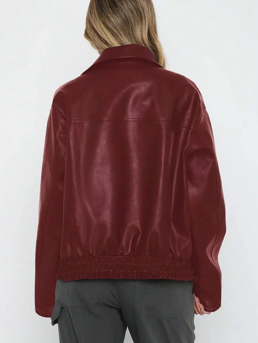Ladies Trendy Oversized Faux Leather Jacket with Wide Collar