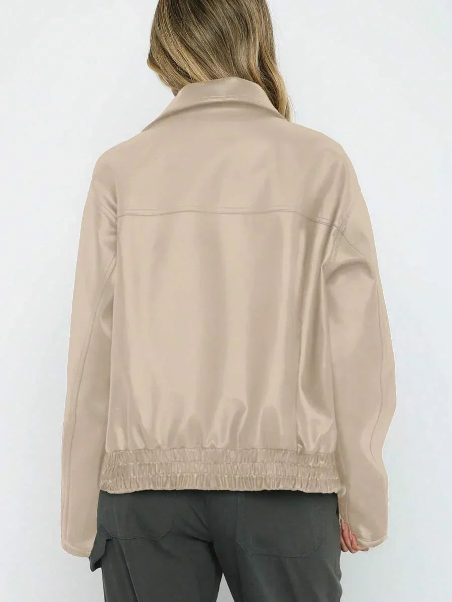 Ladies Trendy Oversized Faux Leather Jacket with Wide Collar