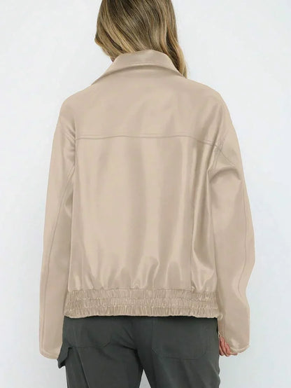 Ladies Trendy Oversized Faux Leather Jacket with Wide Collar