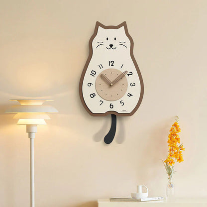 Reloj de pared mecedor con forma de gato de madera color crema - Elegancia moderna y silenciosa