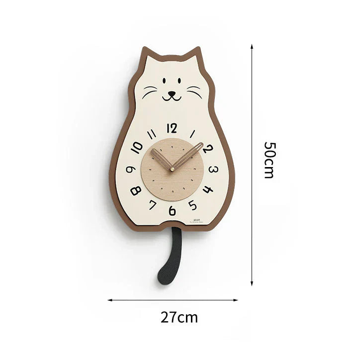 Reloj de pared mecedor con forma de gato de madera color crema - Elegancia moderna y silenciosa