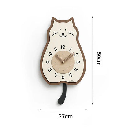 Reloj de pared mecedor con forma de gato de madera color crema - Elegancia moderna y silenciosa