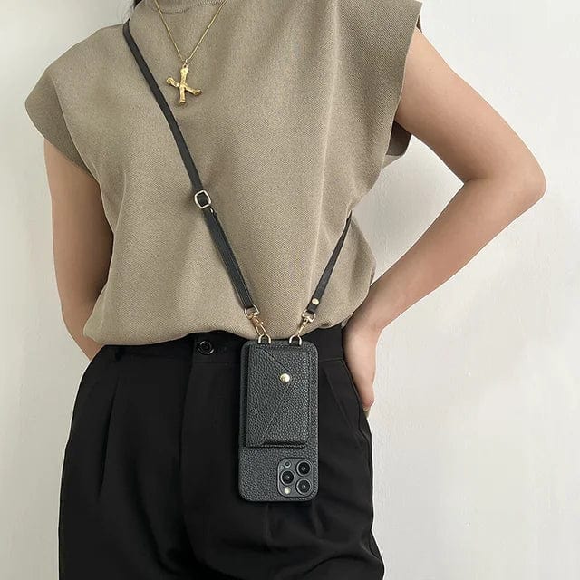 Leather crossbody phone case with key cord and card holder