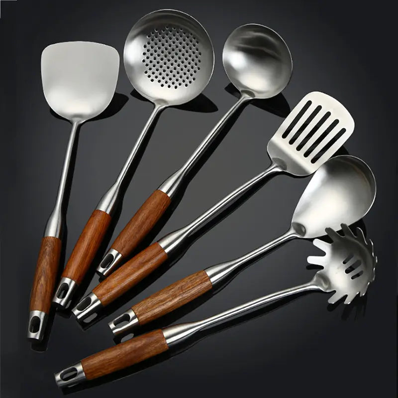 Culina Luxe - Juego de utensilios de cocina de acero inoxidable - Mangos de madera - Duraderos y elegantes