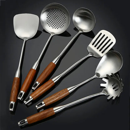 Culina Luxe - Juego de utensilios de cocina de acero inoxidable - Mangos de madera - Duraderos y elegantes