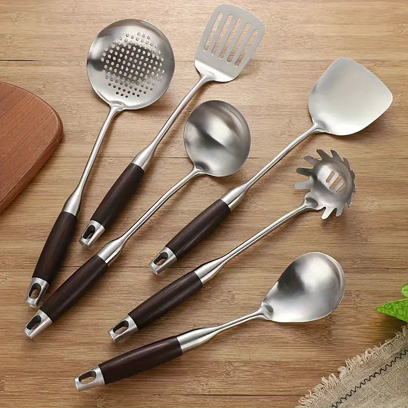 Culina Luxe - Juego de utensilios de cocina de acero inoxidable - Mangos de madera - Duraderos y elegantes