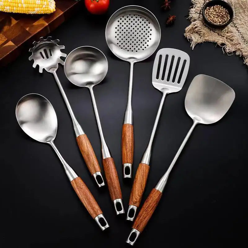 Culina Luxe - Juego de utensilios de cocina de acero inoxidable - Mangos de madera - Duraderos y elegantes