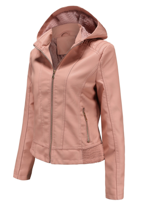Leather Ladies Jacket with Removable Hood and Zipper