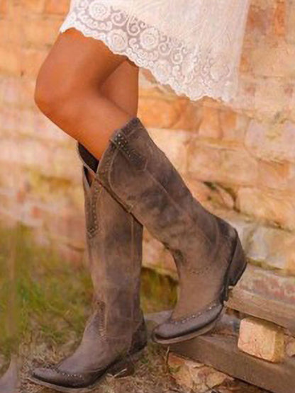 Ladies' Stylish Knee-High Cowboy Boots with Studs and Pointed Toe