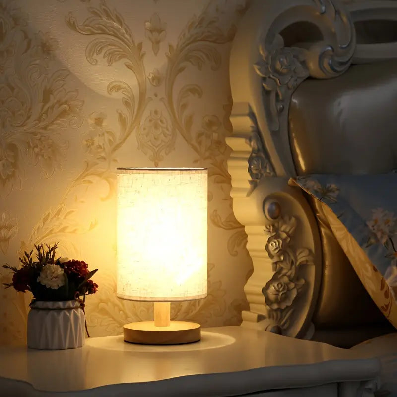 Minimalist Table Lamp with Wooden Base and Fabric Shade for Ambient Light