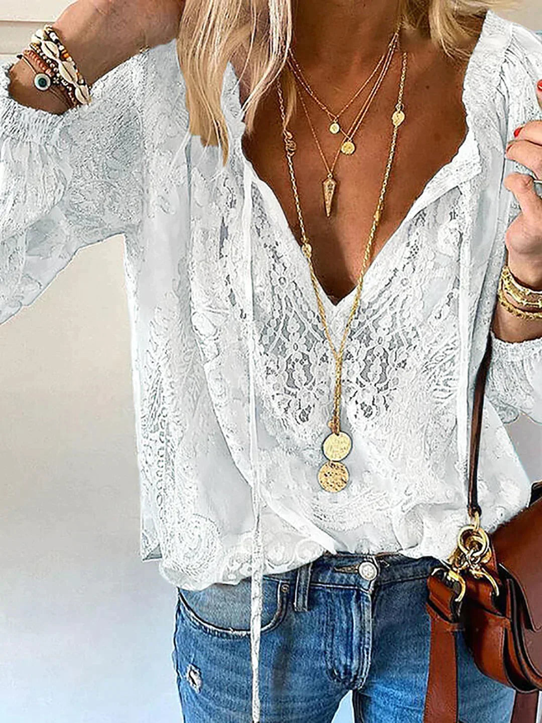 Unique Blouse with Lace Details for Women with V-Neck and Bow Closure