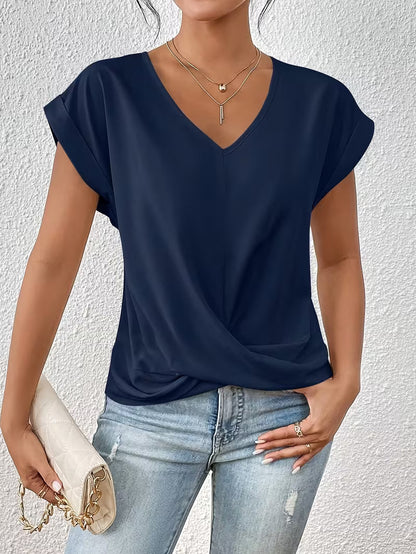 Breathable Elegant Ladies Top with V Neck and Twisted Detail