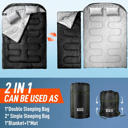 Deluxe-2-in-1-Campingschlafsack mit Kissen – perfekt für Camping und Abenteuer im Freien
