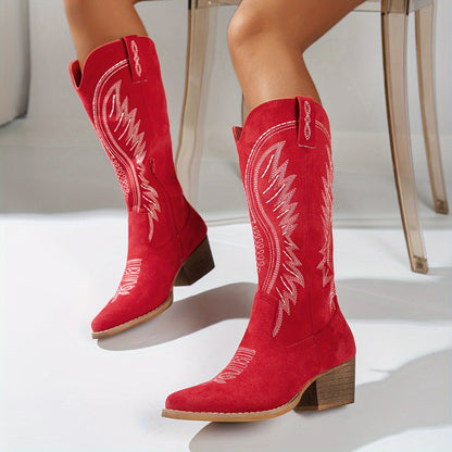 Ladies Playful Cowboy Boots with Embroidery and Block Heel