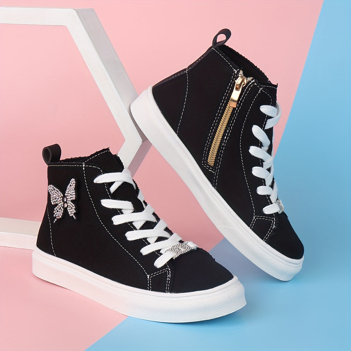 High canvas sneakers for girls with butterfly bow & silver buckle - Liane