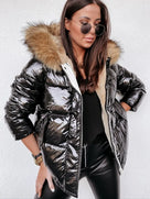 Metallic Women's Puffer Jacket with Faux Fur Hood