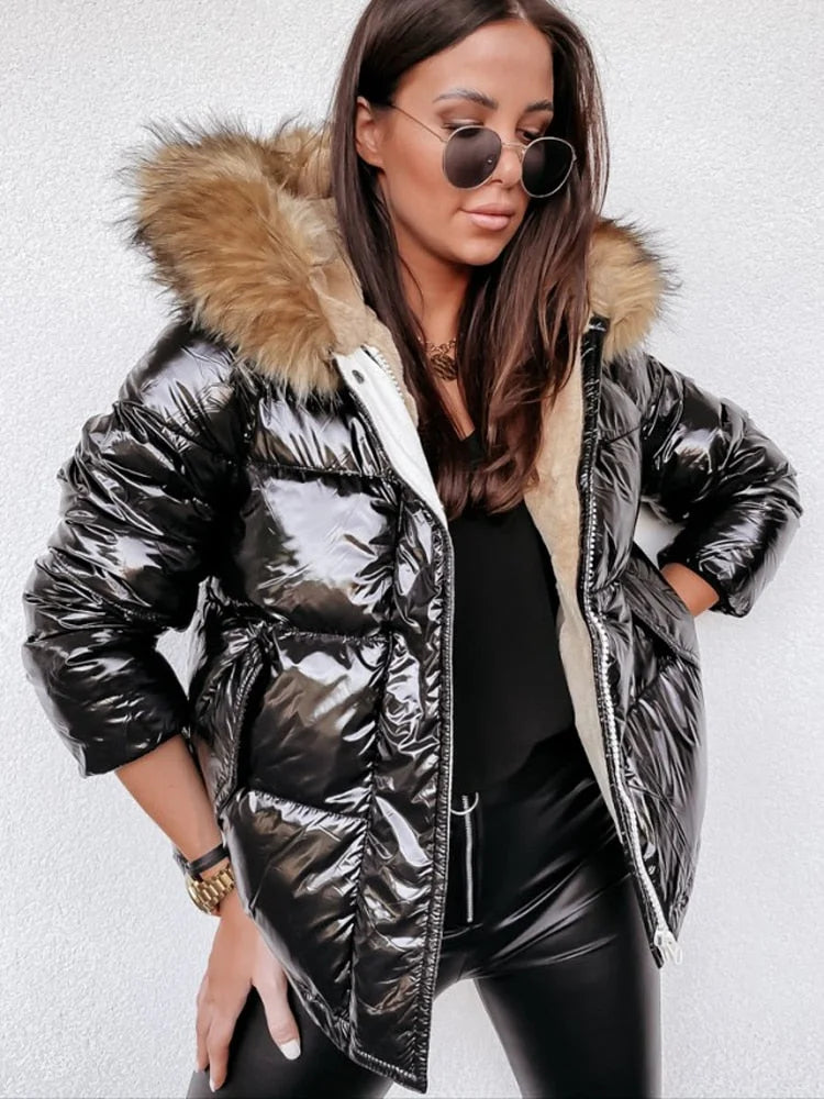 Metallic Women's Puffer Jacket with Faux Fur Hood