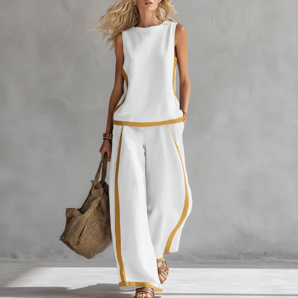 Damen ärmellose Weste und Set bestehend aus hoch taillierter Hose mit weitem Bein