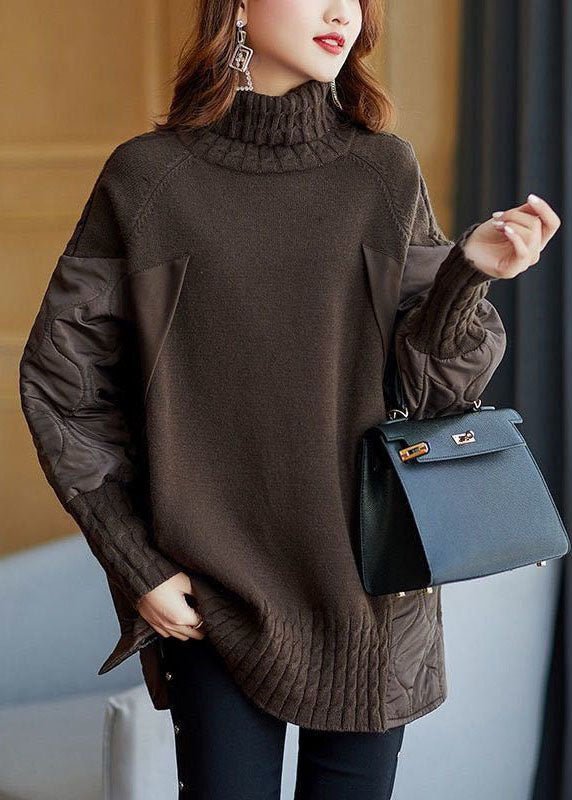 Ladies Long Roll Neck Sweater with Padded Panels and Cable Cuffs