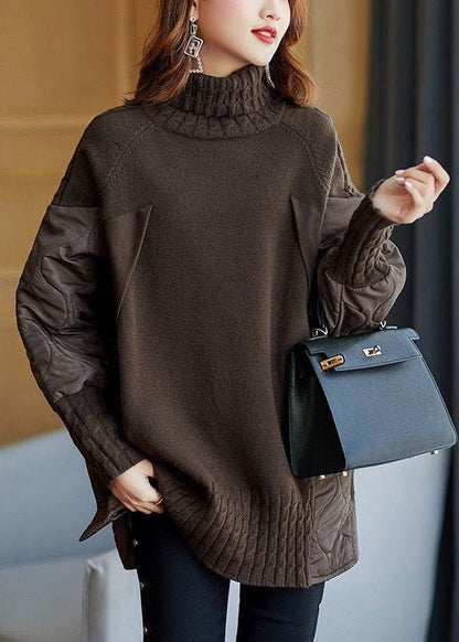 Ladies Long Roll Neck Sweater with Padded Panels and Cable Cuffs