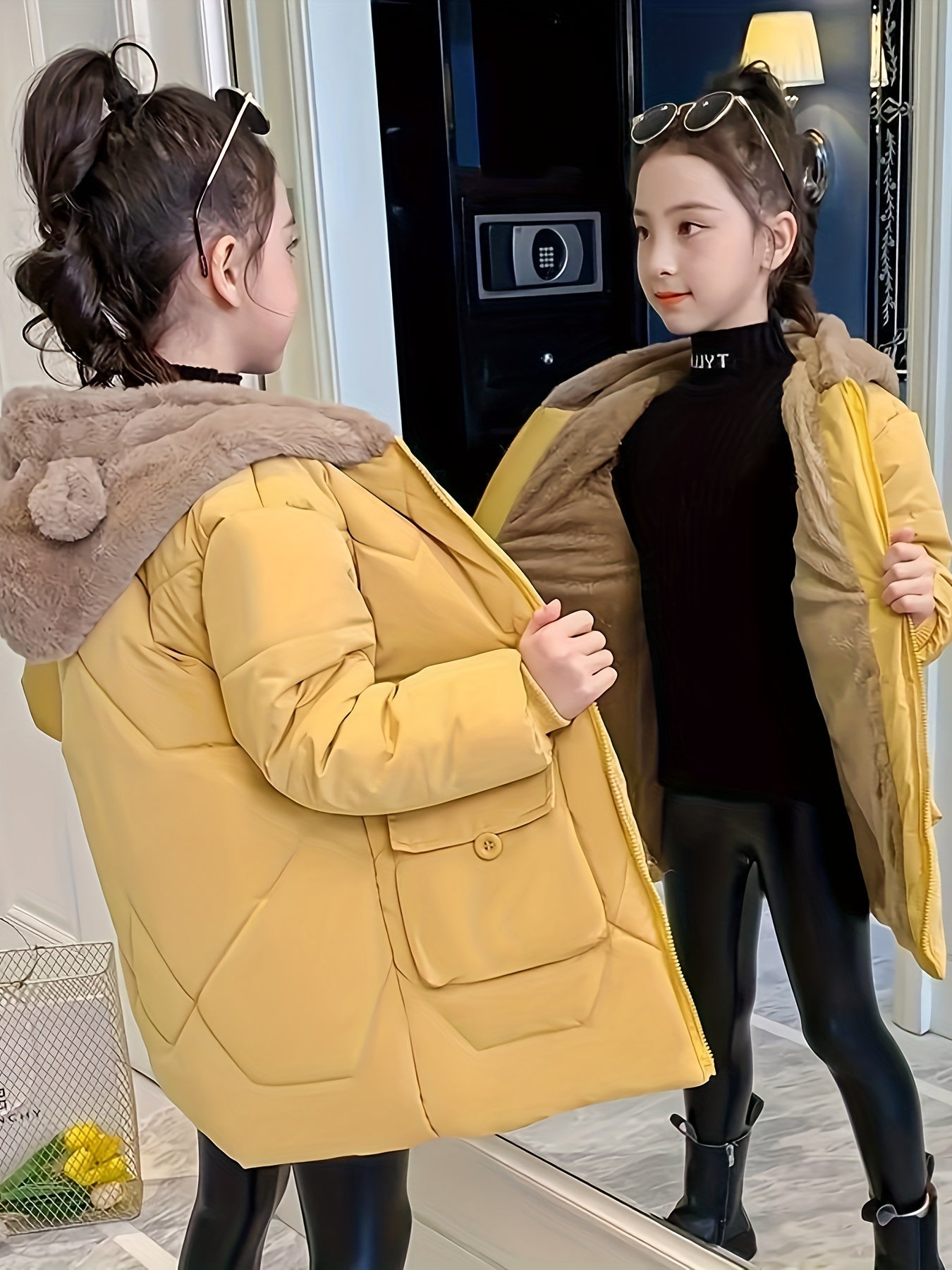 Girls' Winter Cute Polyester Parka with Hood and Zip Detail - Denice