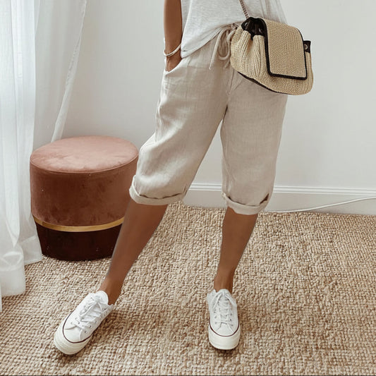 Shorts casual de algodón y lino para mujer