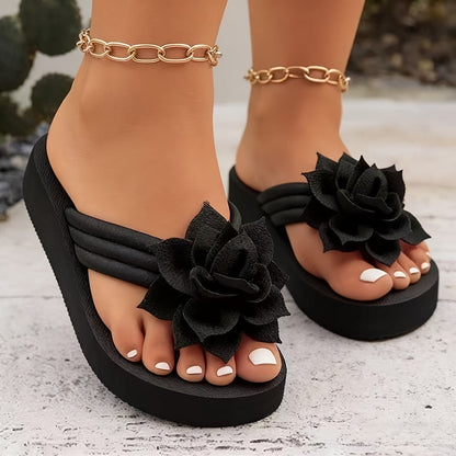 Ladies' Flip Flops with Platform Sole and Floral Detail Wide Fit