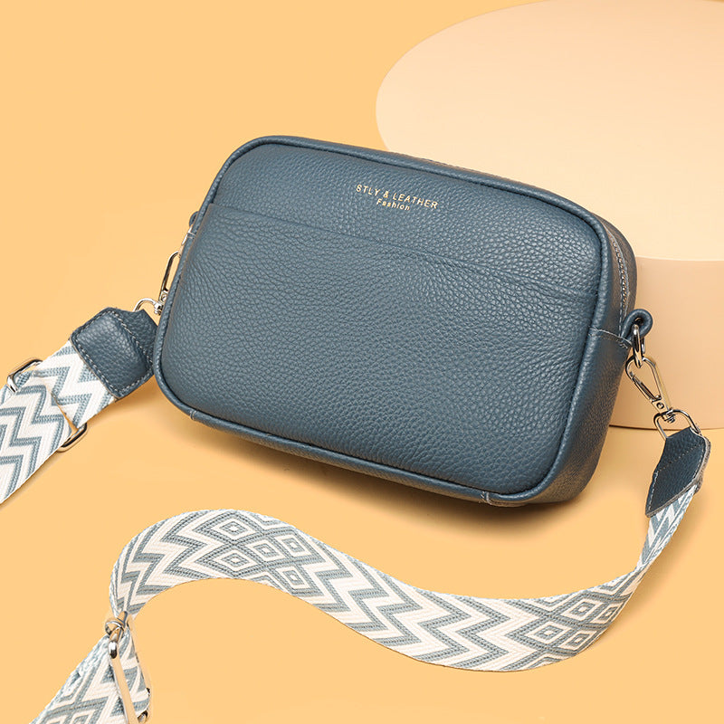 Fashionable Shoulder Bag with White Embroidery and Wide Shoulder Strap