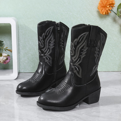 Girls' Vintage Embroidered Pattern Zip Lightweight Anti-Slip Boots - Nikka