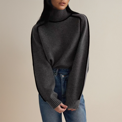 Warm Knitted Turtleneck Sweater for Women with Stripe Detail