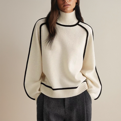 Warm Knitted Turtleneck Sweater for Women with Stripe Detail