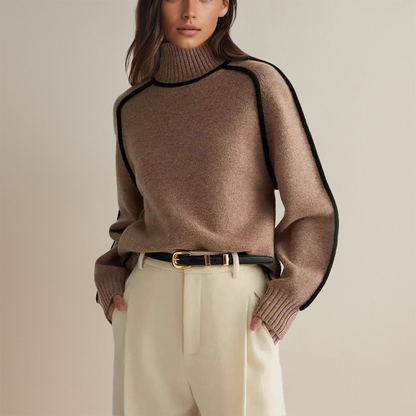 Warm Knitted Turtleneck Sweater for Women with Stripe Detail