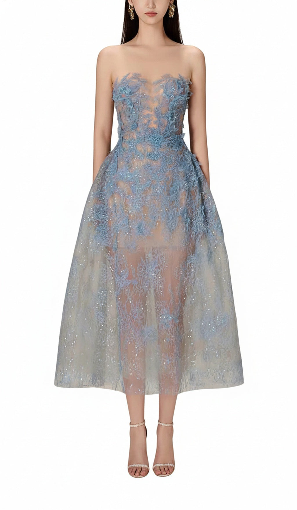 Ladies A-Line Evening Dress with Floral Embroidery and Glitter Tulle