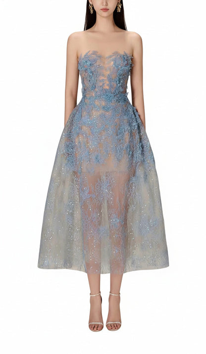 Ladies A-Line Evening Dress with Floral Embroidery and Glitter Tulle