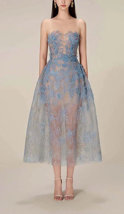 Ladies A-Line Evening Dress with Floral Embroidery and Glitter Tulle